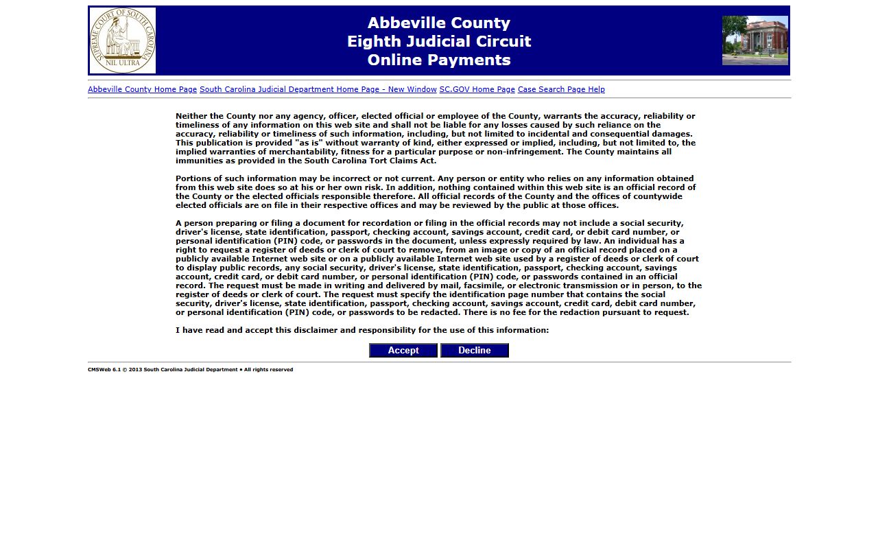 Abbeville County arrest records and court charges online payments portal