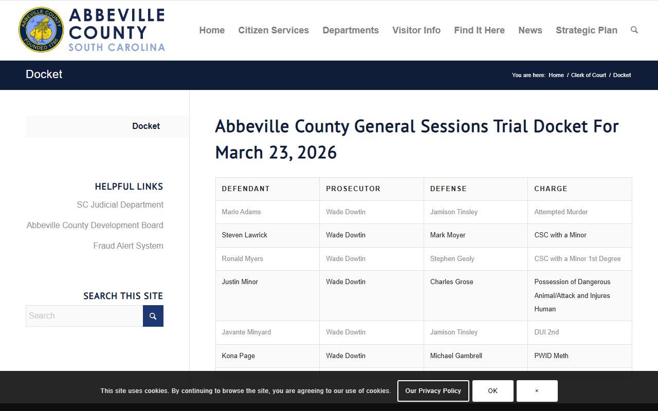 Abbeville County court dockets General Sessions trial docket