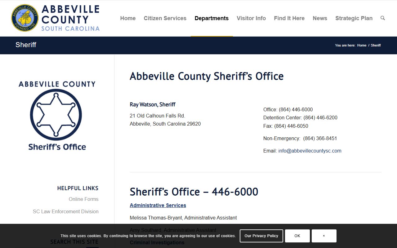 Abbeville County inmate records Sheriff's Office page