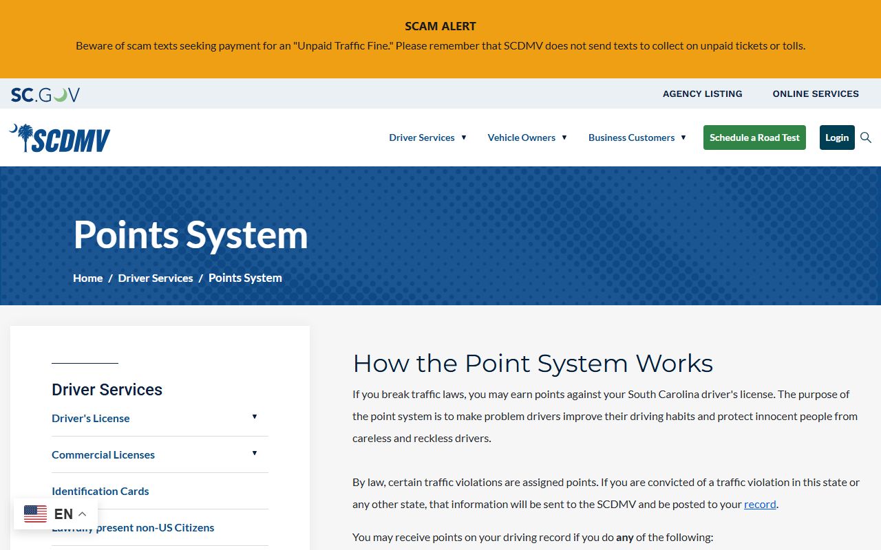 Abbeville County traffic court records SCDMV points system